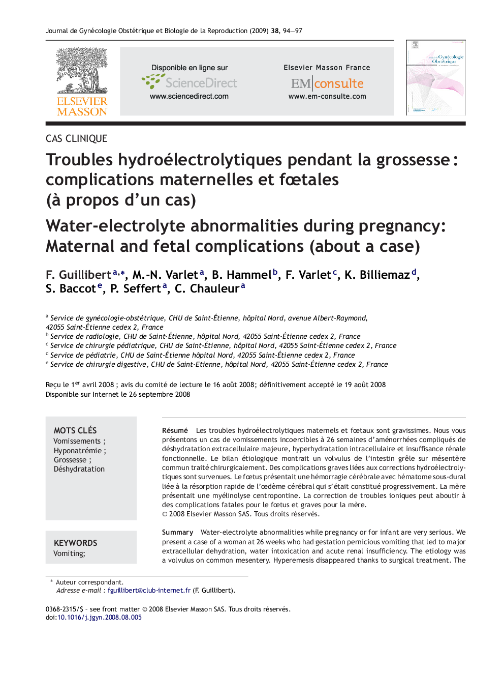 Troubles hydroélectrolytiques pendant la grossesseÂ : complications maternelles et fÅtales (Ã  propos d'un cas)