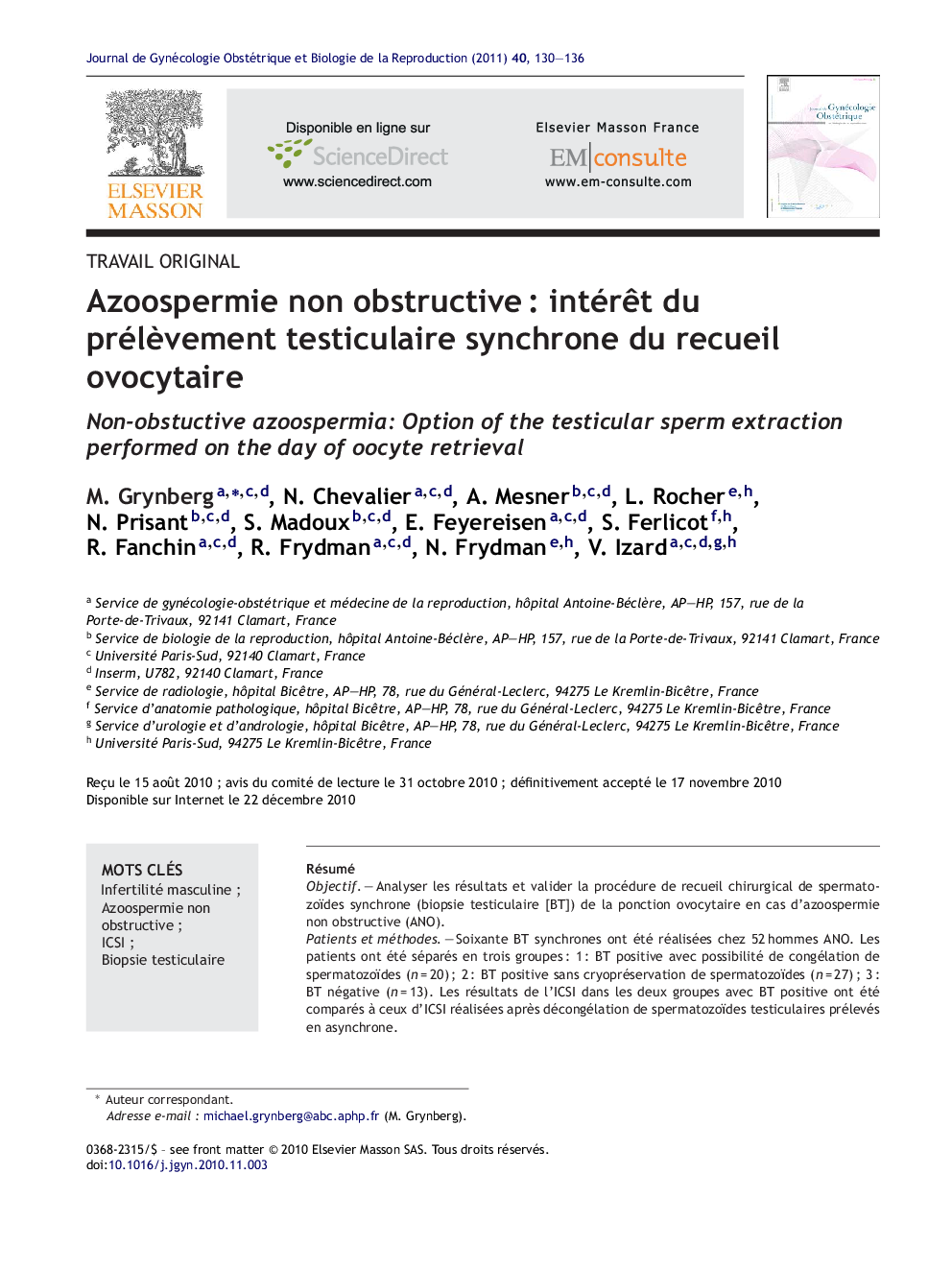 Azoospermie non obstructiveÂ : intérÃªt du prélÃ¨vement testiculaire synchrone du recueil ovocytaire