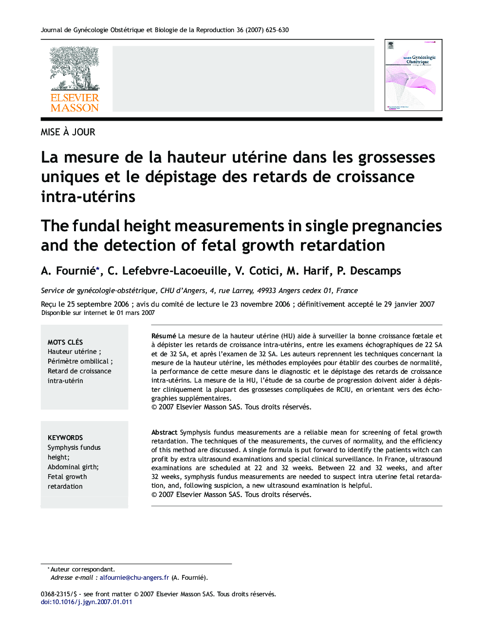 La mesure deÂ laÂ hauteur utérine dansÂ lesÂ grossesses uniques etÂ leÂ dépistage desÂ retards deÂ croissance intra-utérins