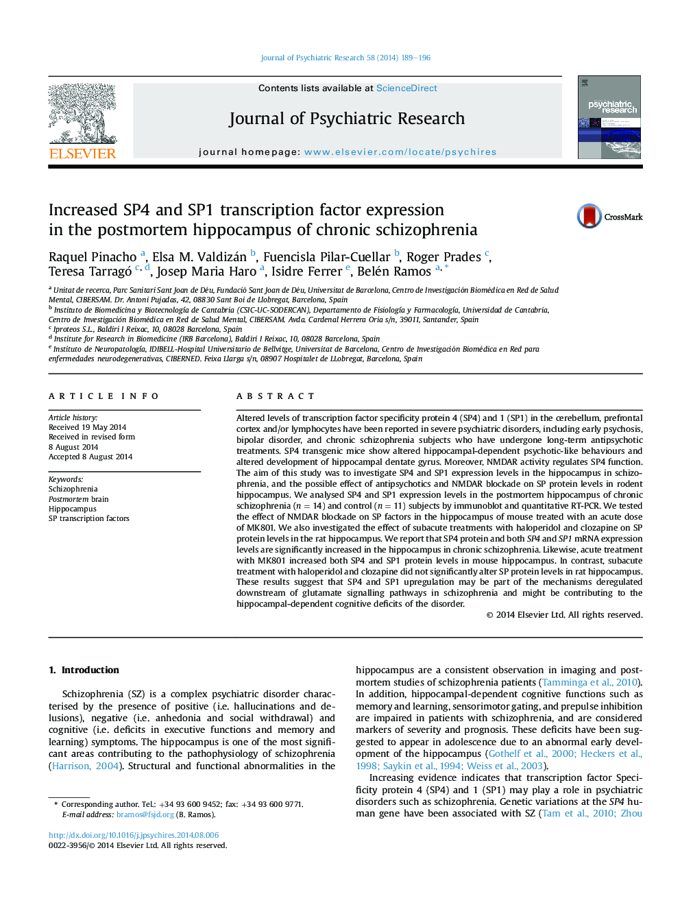 Increased SP4 and SP1 transcription factor expression in the postmortem hippocampus of chronic schizophrenia