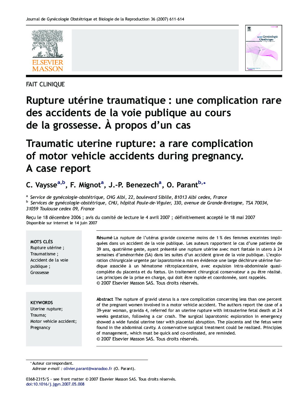 عکس صفحه اول مقاله: Rupture utérine traumatique : une complication rare des accidents de la voie publique au cours de la grossesse. à propos d'un cas Rupture utérine traumatique : une complication rare des accidents de la voie publique au cours de la grossesse. à propos d'un cas