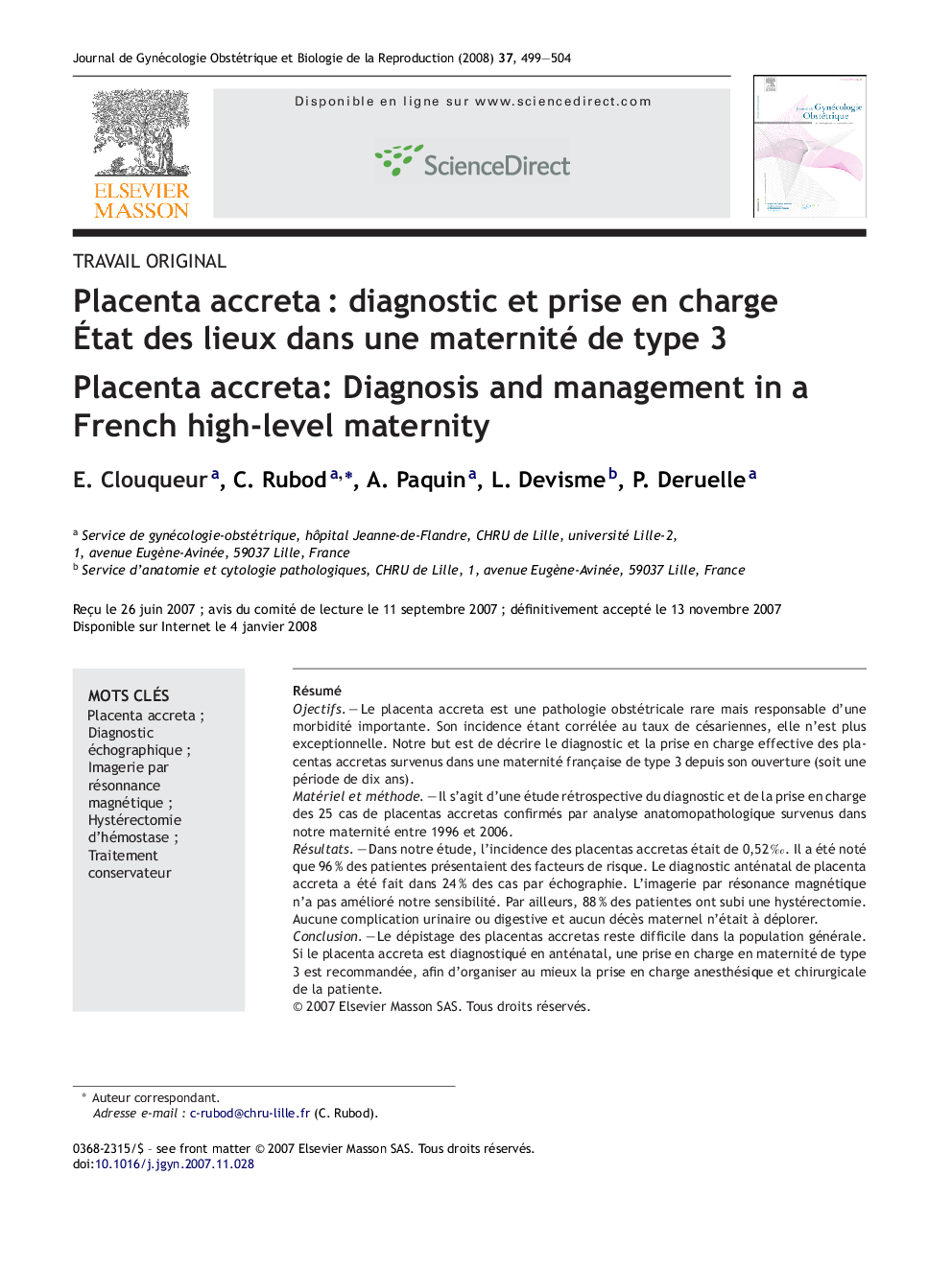 Placenta accretaÂ : diagnostic et prise en charge