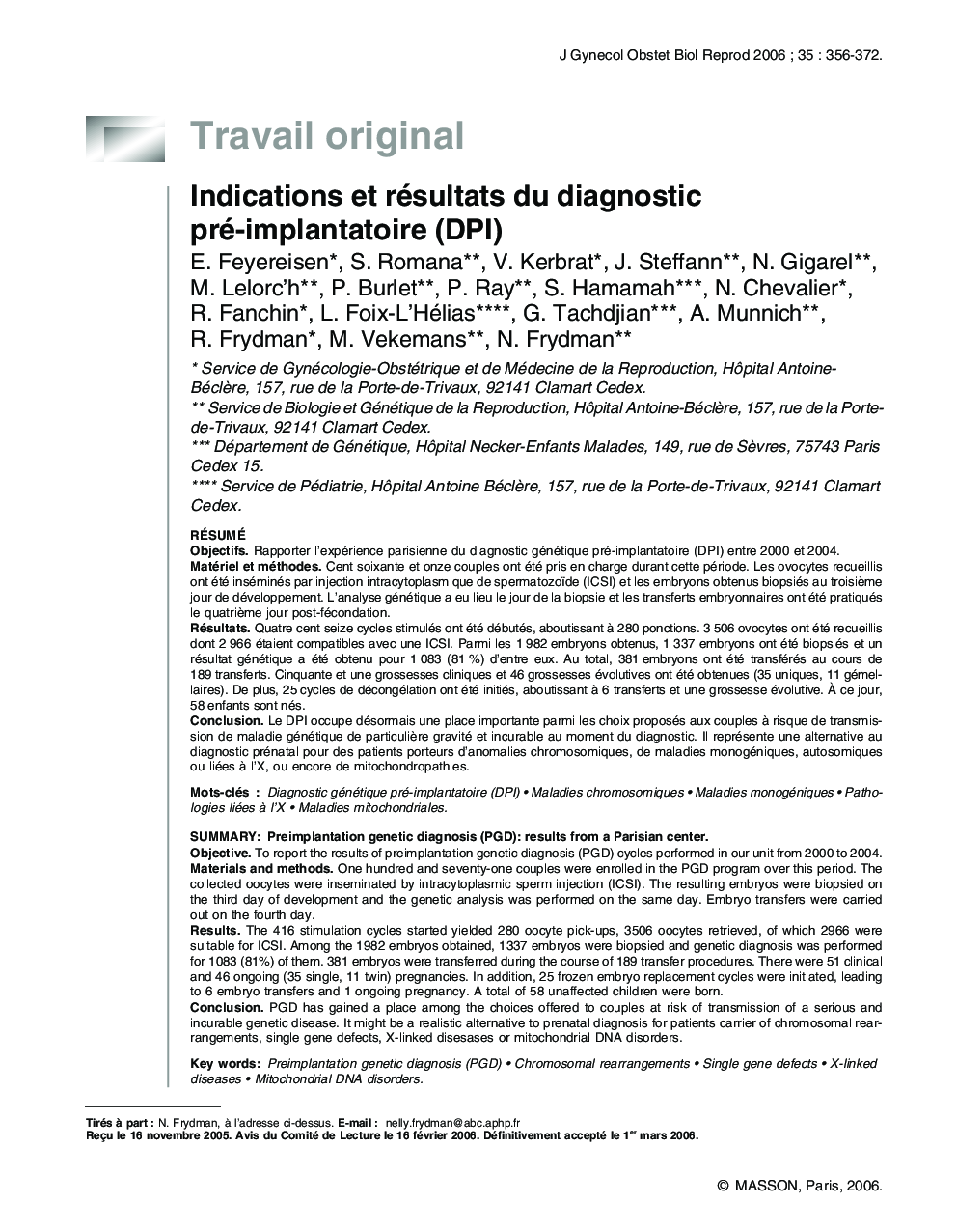 Indications et résultats du diagnostic pré-implantatoire (DPI)