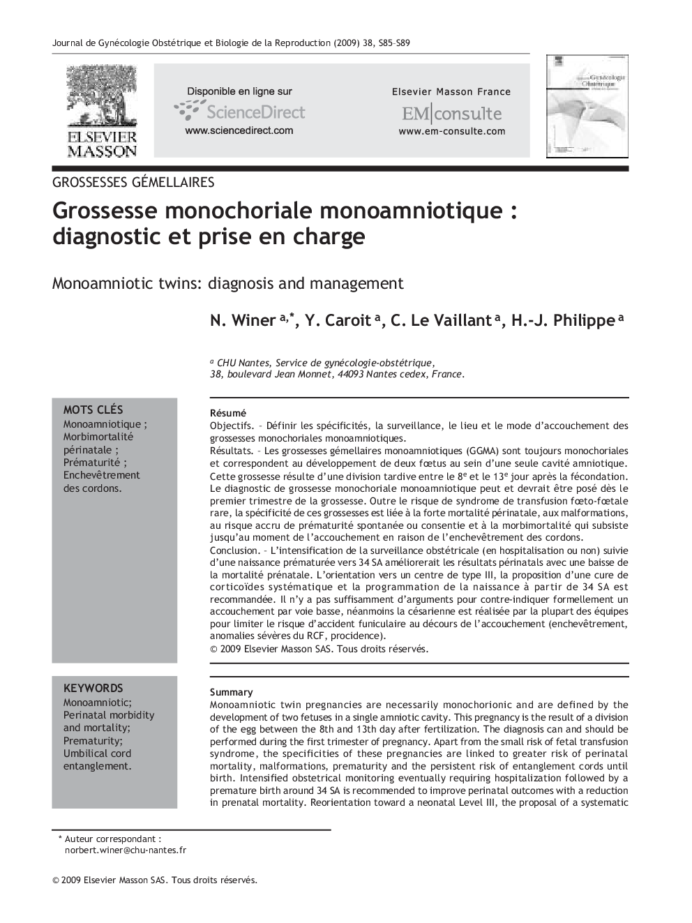 Grossesse monochoriale monoamniotique : diagnostic et prise en charge