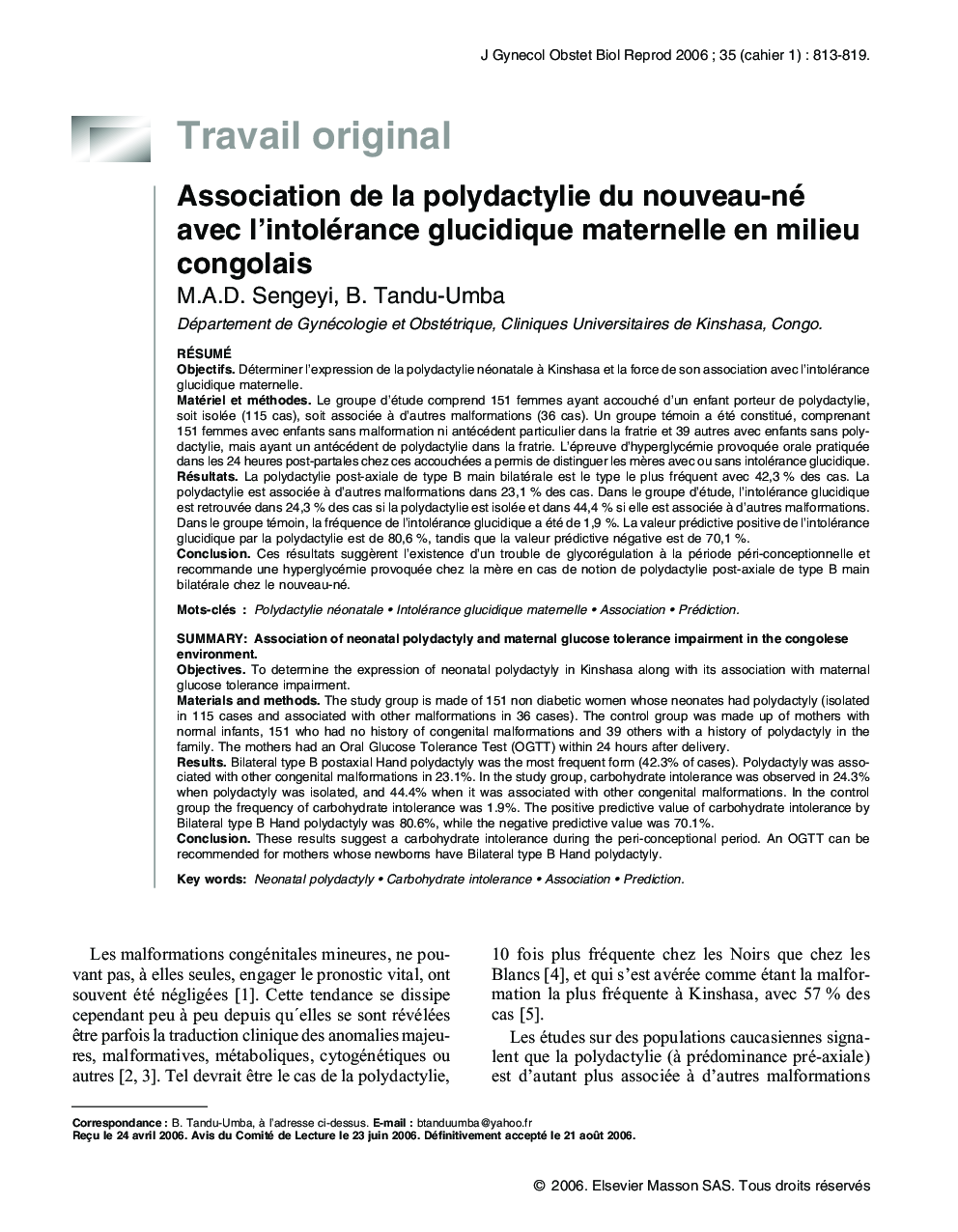 Association de la polydactylie du nouveau-né avec l'intolérance glucidique maternelle en milieu congolais