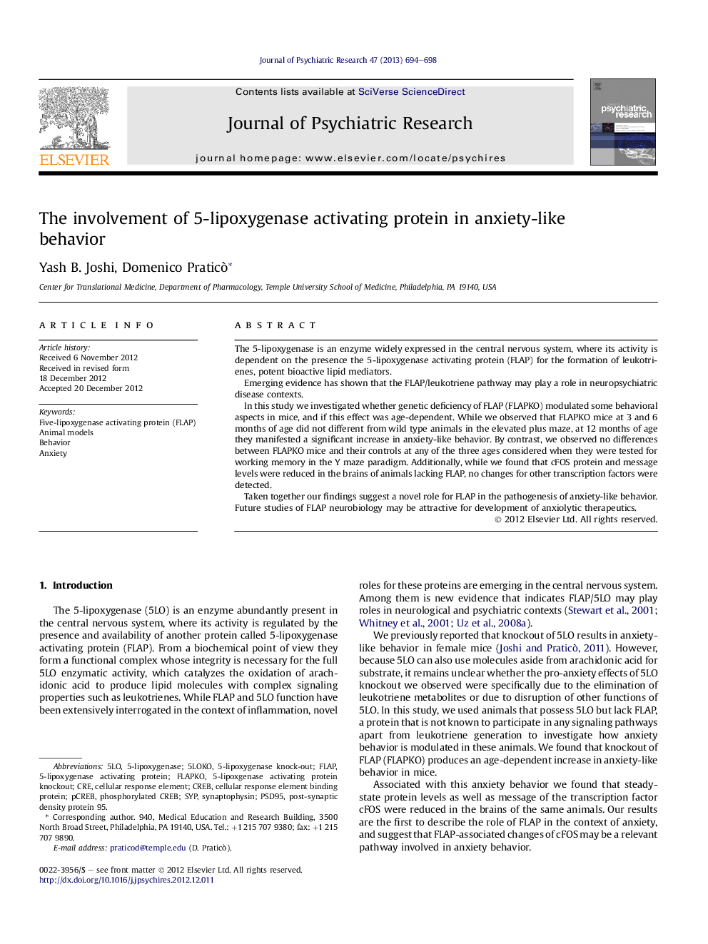 The involvement of 5-lipoxygenase activating protein in anxiety-like behavior