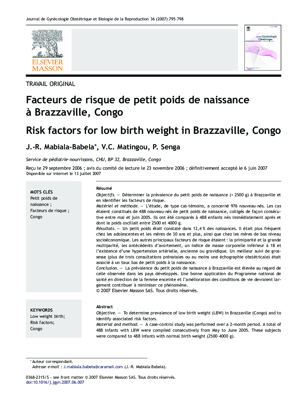 Facteurs deÂ risque deÂ petit poids deÂ naissance Ã Â Brazzaville, Congo