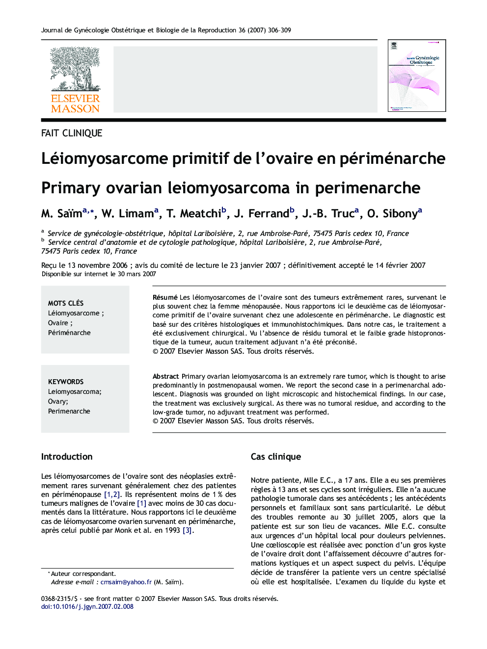 Léiomyosarcome primitif deÂ l'ovaire enÂ périménarche