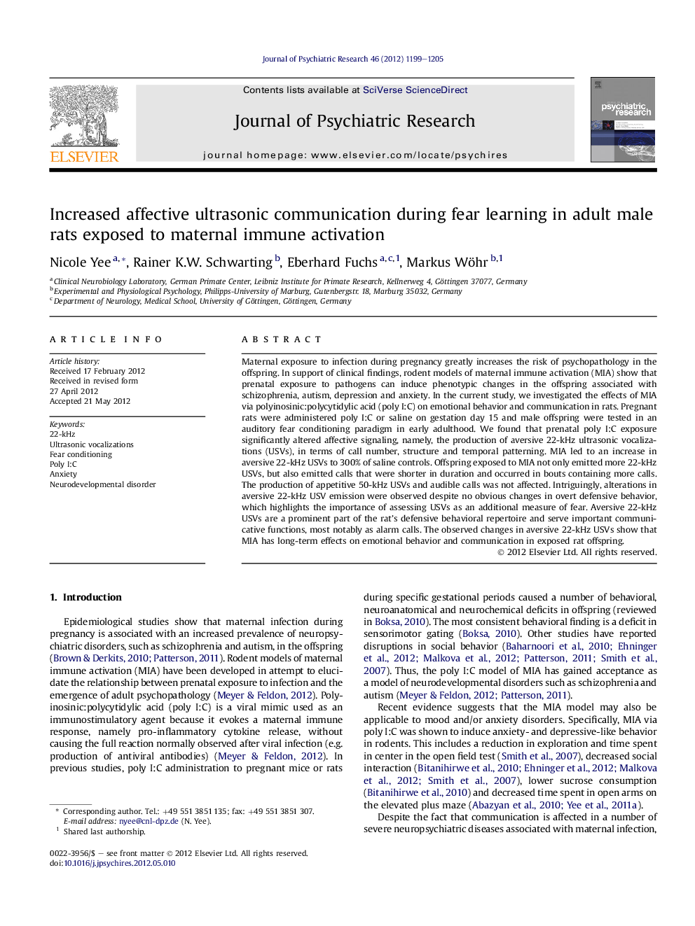 Increased affective ultrasonic communication during fear learning in adult male rats exposed to maternal immune activation