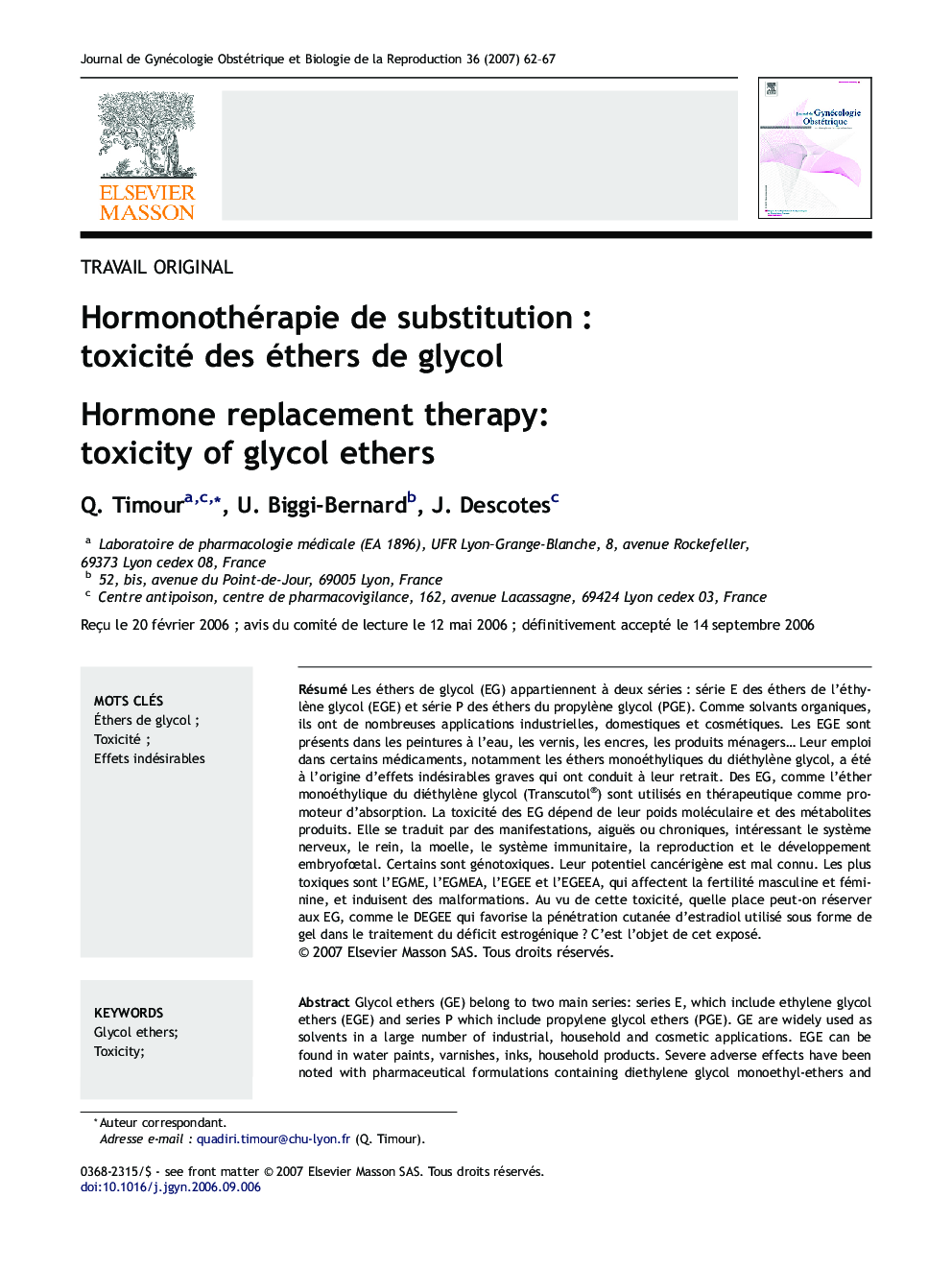 Hormonothérapie deÂ substitutionÂ : toxicitéÂ desÂ éthersÂ deÂ glycol