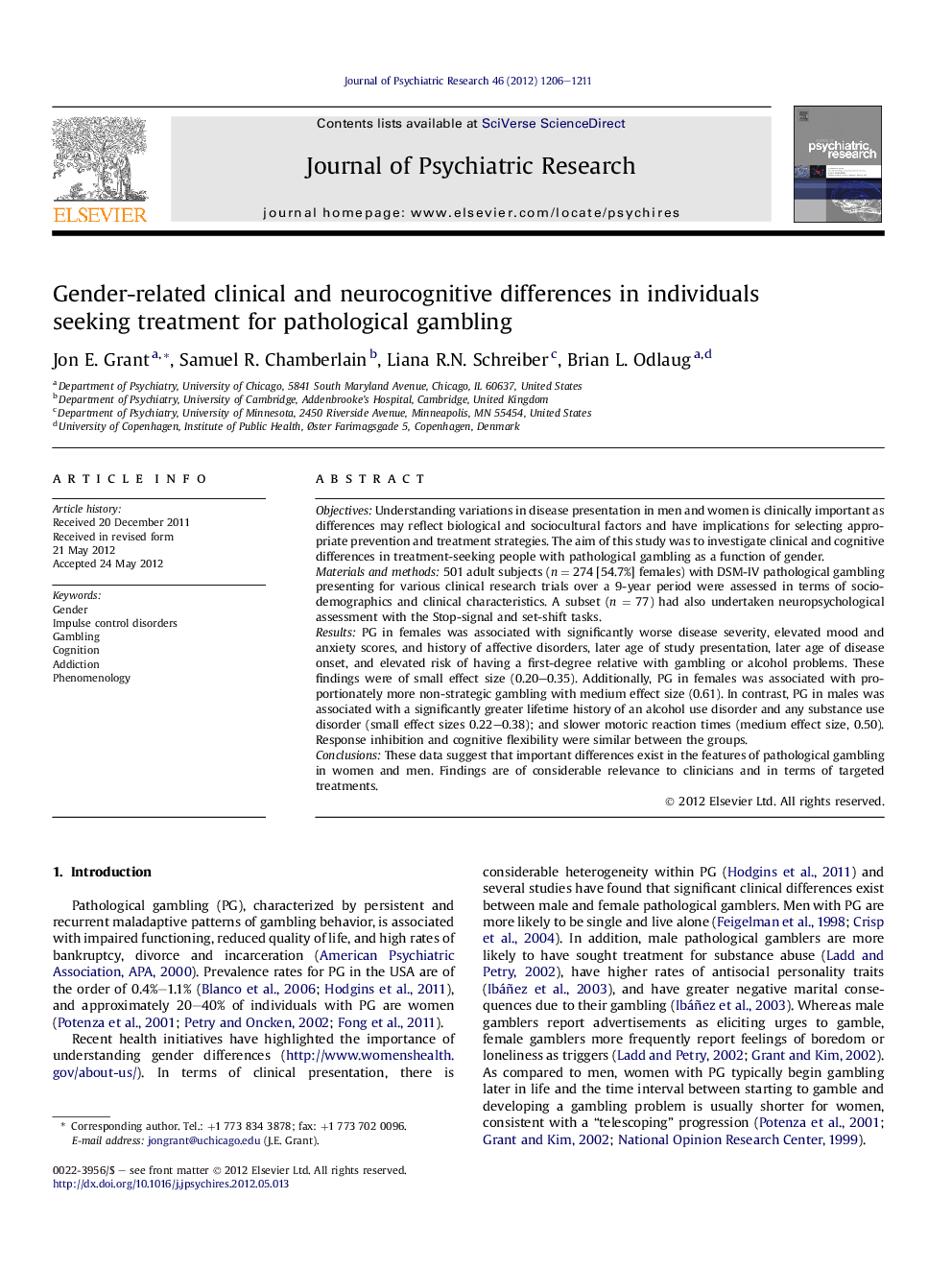 عکس صفحه اول مقاله: Gender-related clinical and neurocognitive differences in individuals seeking treatment for pathological gambling Gender-related clinical and neurocognitive differences in individuals seeking treatment for pathological gambling