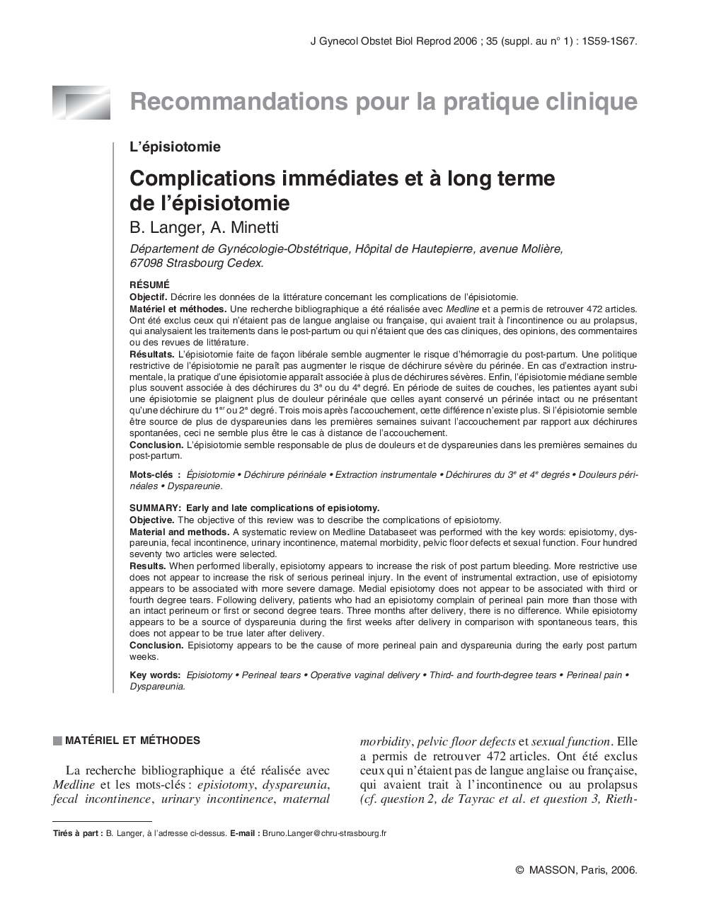 Complications immédiates et Ã  long terme de l'épisiotomie