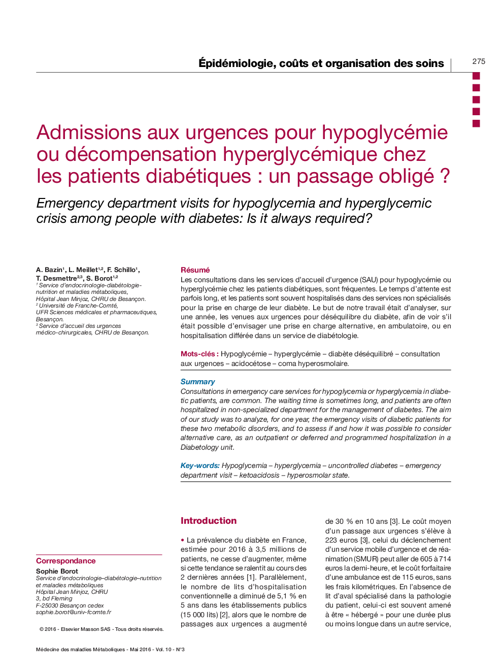 Admissions aux urgences pour hypoglycémie ou décompensation hyperglycémique chez les patients diabétiques : un passage obligé ?