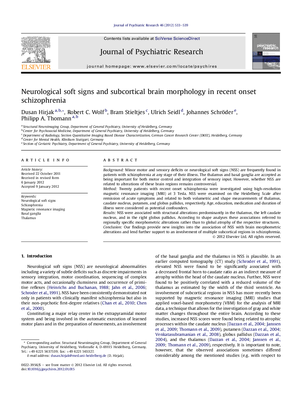 Neurological soft signs and subcortical brain morphology in recent onset schizophrenia