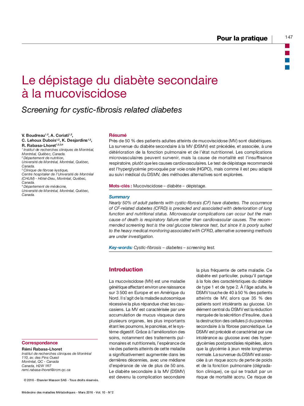 Le dépistage du diabÃ¨te secondaire Ã  la mucoviscidose