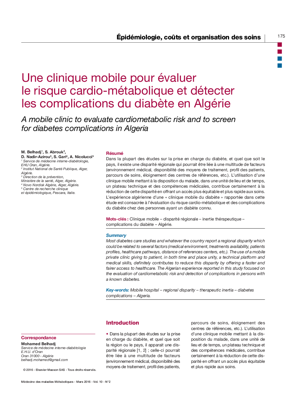 Une clinique mobile pour évaluer le risque cardio-métabolique et détecter les complications du diabÃ¨te en Algérie