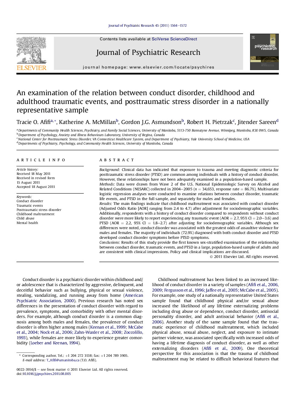 An examination of the relation between conduct disorder, childhood and adulthood traumatic events, and posttraumatic stress disorder in a nationally representative sample