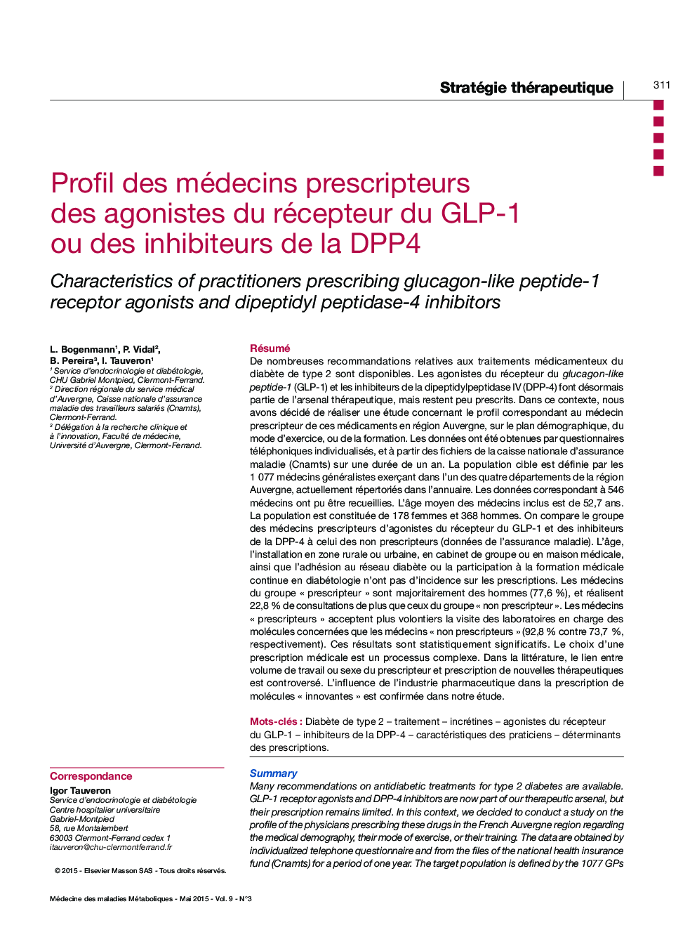Profil des médecins prescripteurs des agonistes du récepteur du GLP-1 ou des inhibiteurs de la DPP4