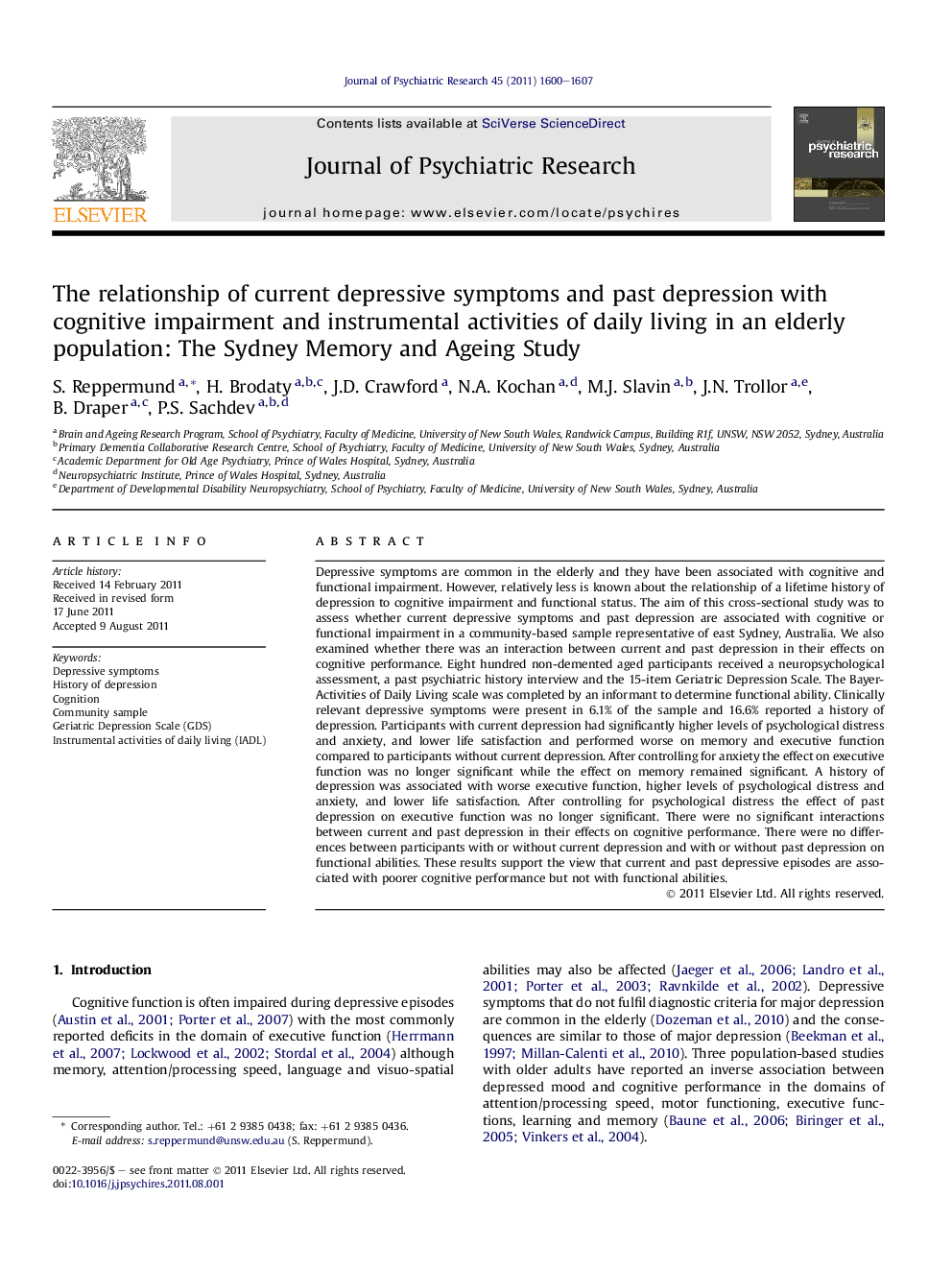 The relationship of current depressive symptoms and past depression with cognitive impairment and instrumental activities of daily living in an elderly population: The Sydney Memory and Ageing Study