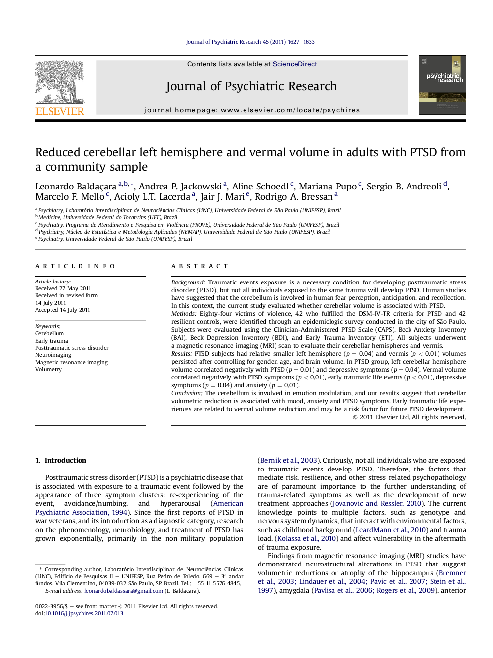 Reduced cerebellar left hemisphere and vermal volume in adults with PTSD from a community sample