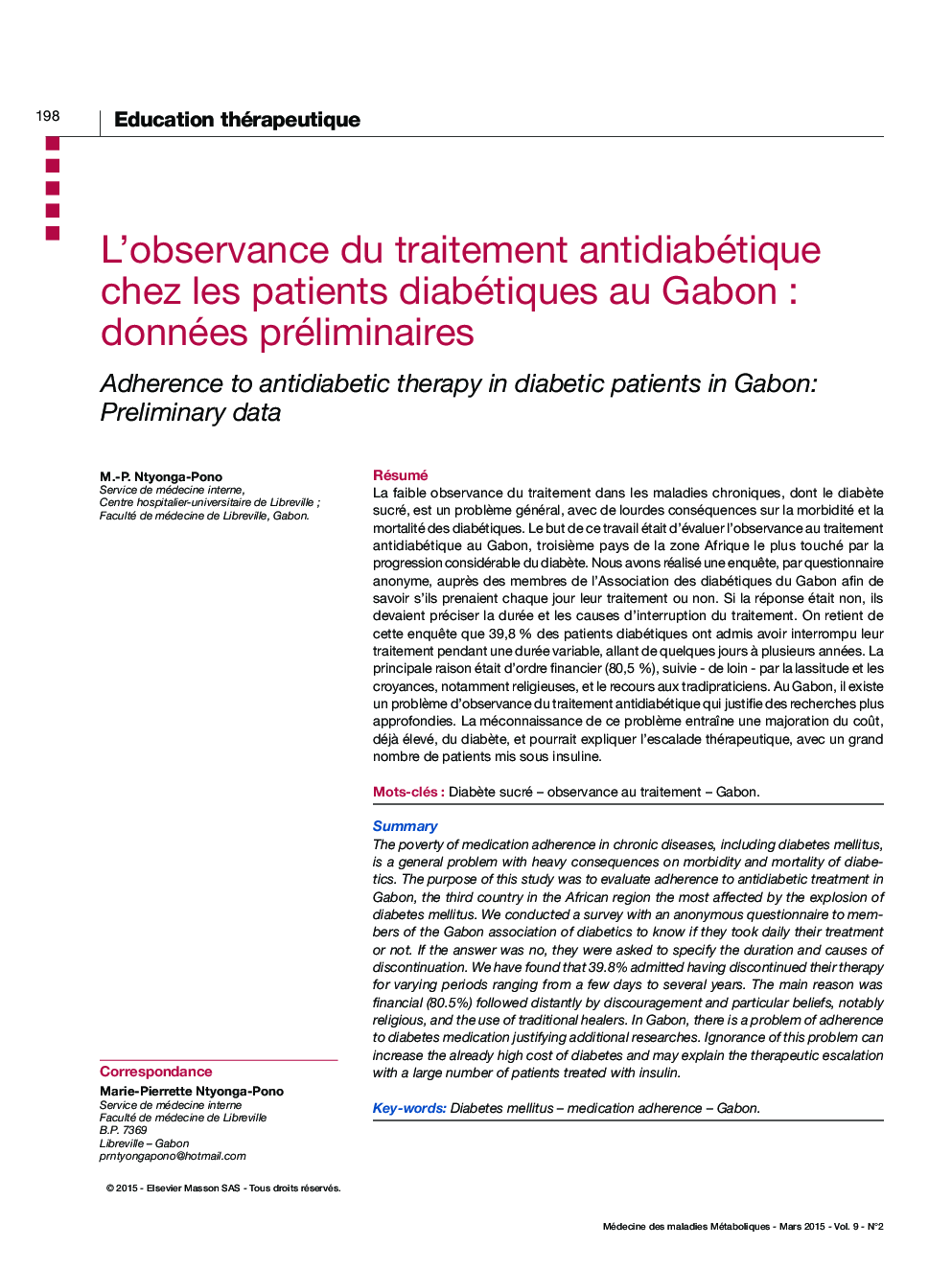 L'observance du traitement antidiabétique chez les patients diabétiques au Gabon : données préliminaires