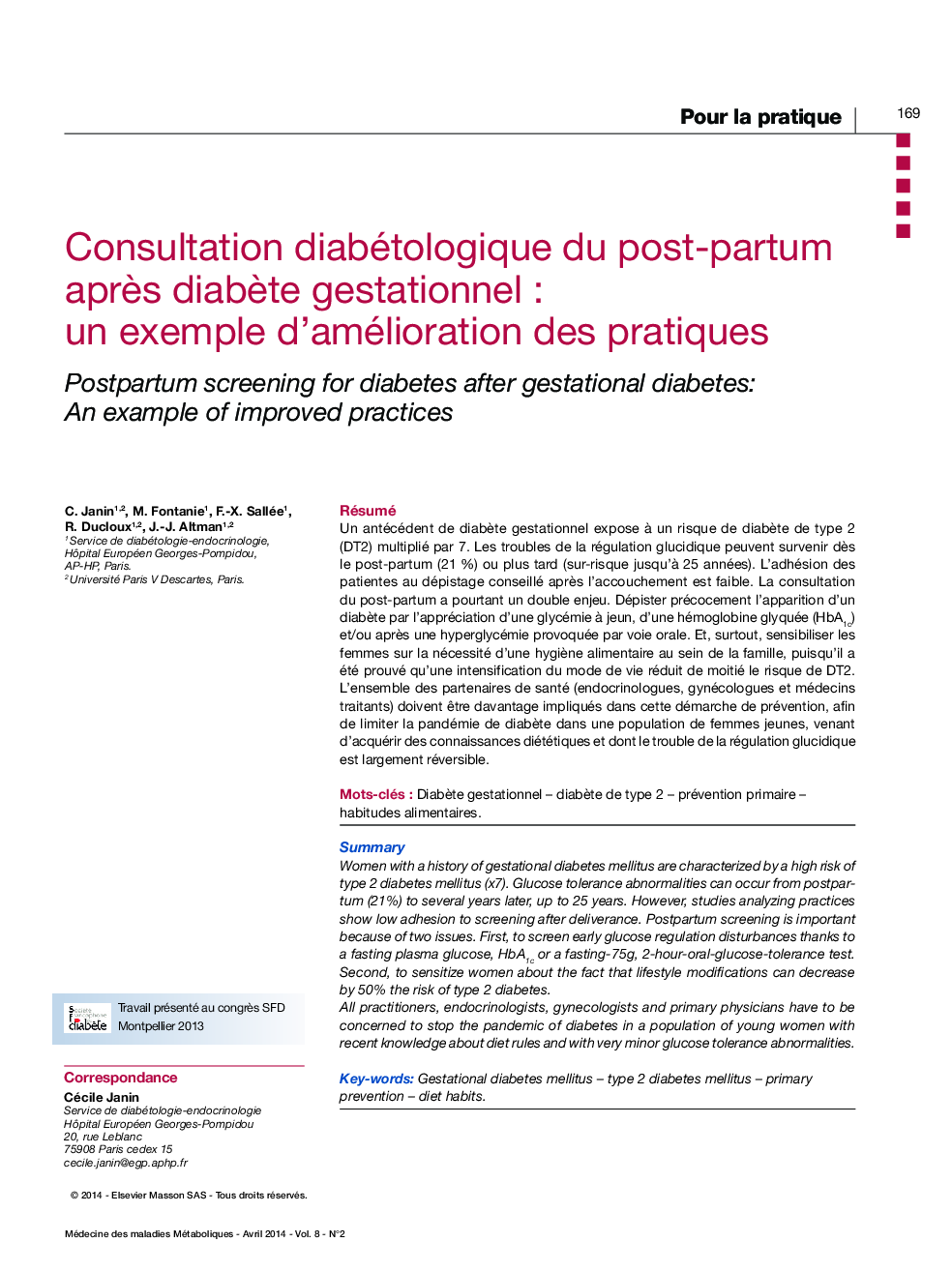 Consultation diabétologique du post-partum aprÃ¨s diabÃ¨te gestationnel : un exemple d'amélioration des pratiques