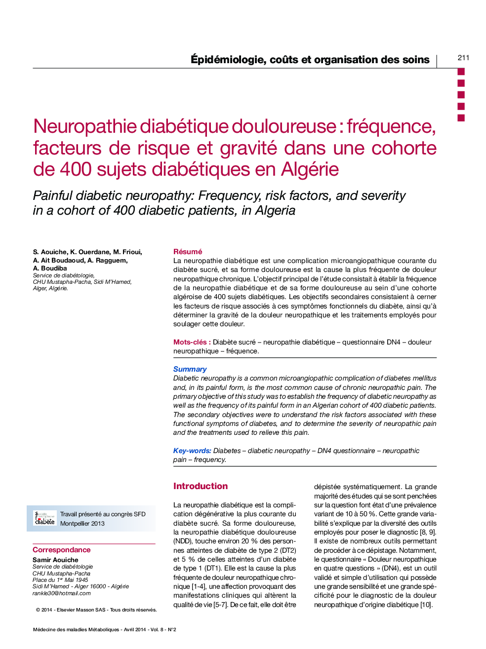 Neuropathie diabétique douloureuse : fréquence, facteurs de risque et gravité dans une cohorte de 400 sujets diabétiques en Algérie