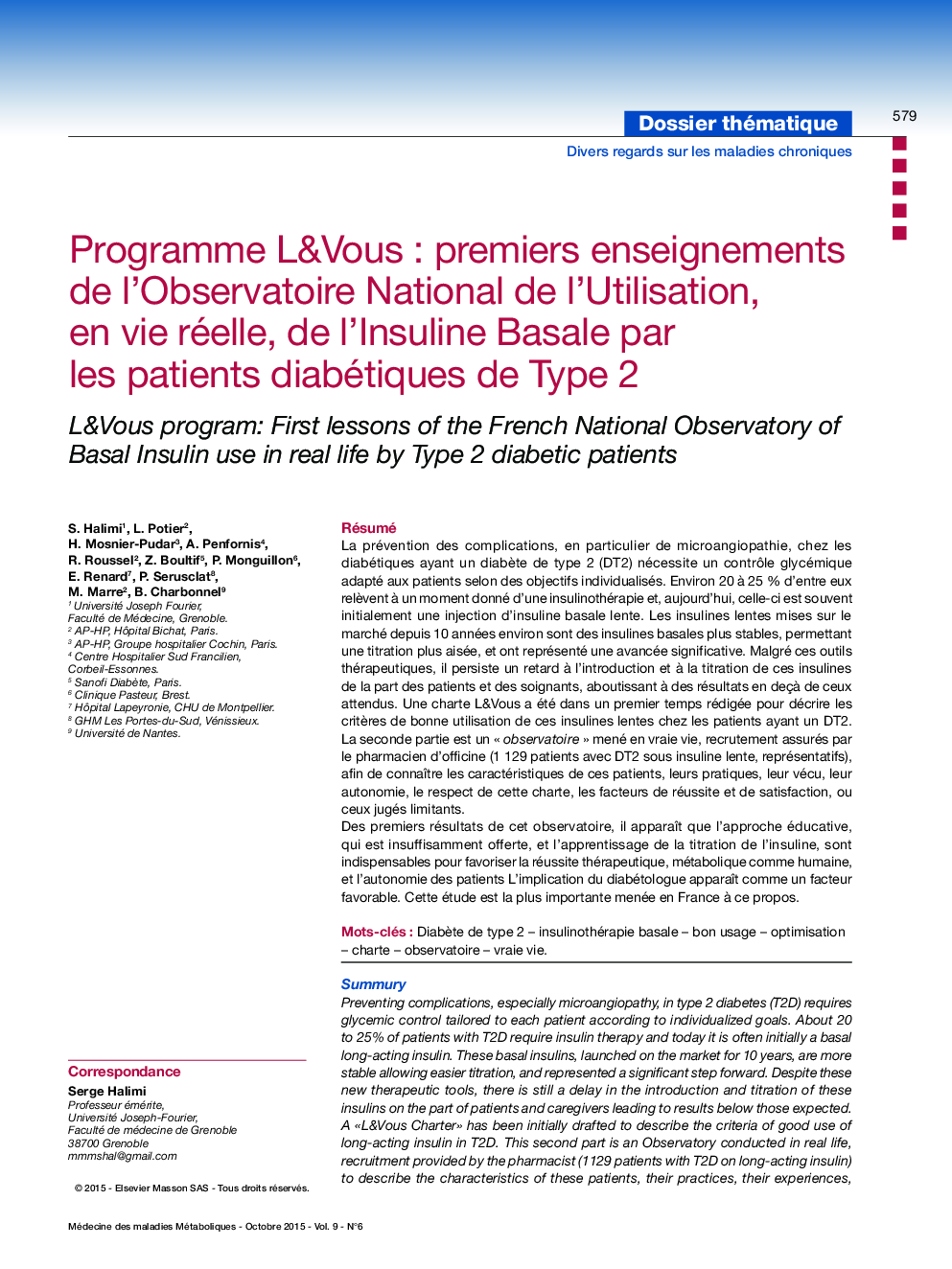 Programme L&Vous : premiers enseignements de l'Observatoire National de l'Utilisation, en vie réelle, de l'Insuline Basale par les patients diabétiques de Type 2
