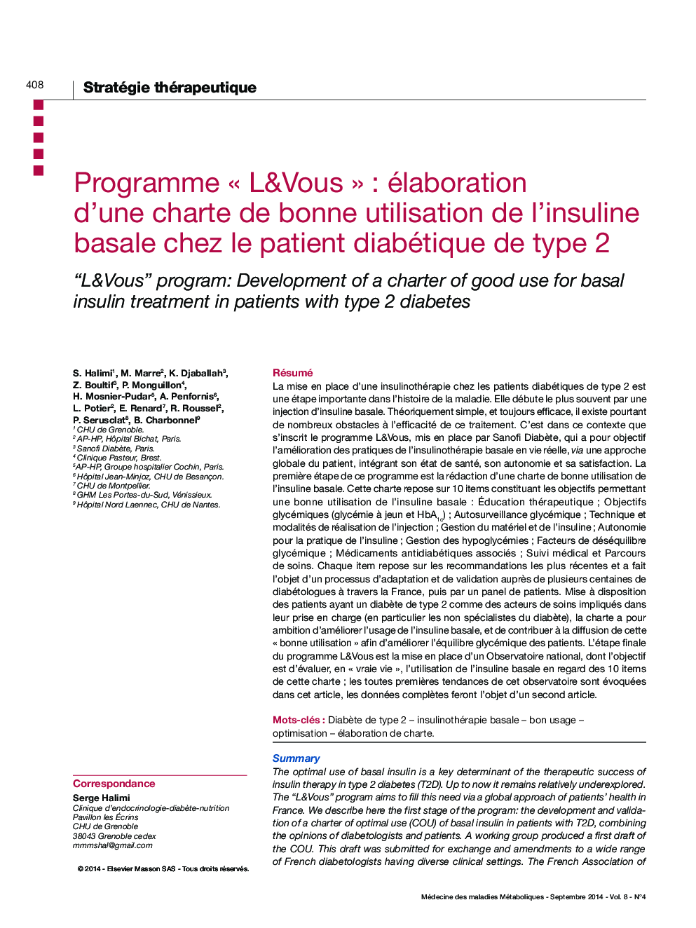Programme Â« L&Vous Â» : élaboration d'une charte de bonne utilisation de l'insuline basale chez le patient diabétique de type 2