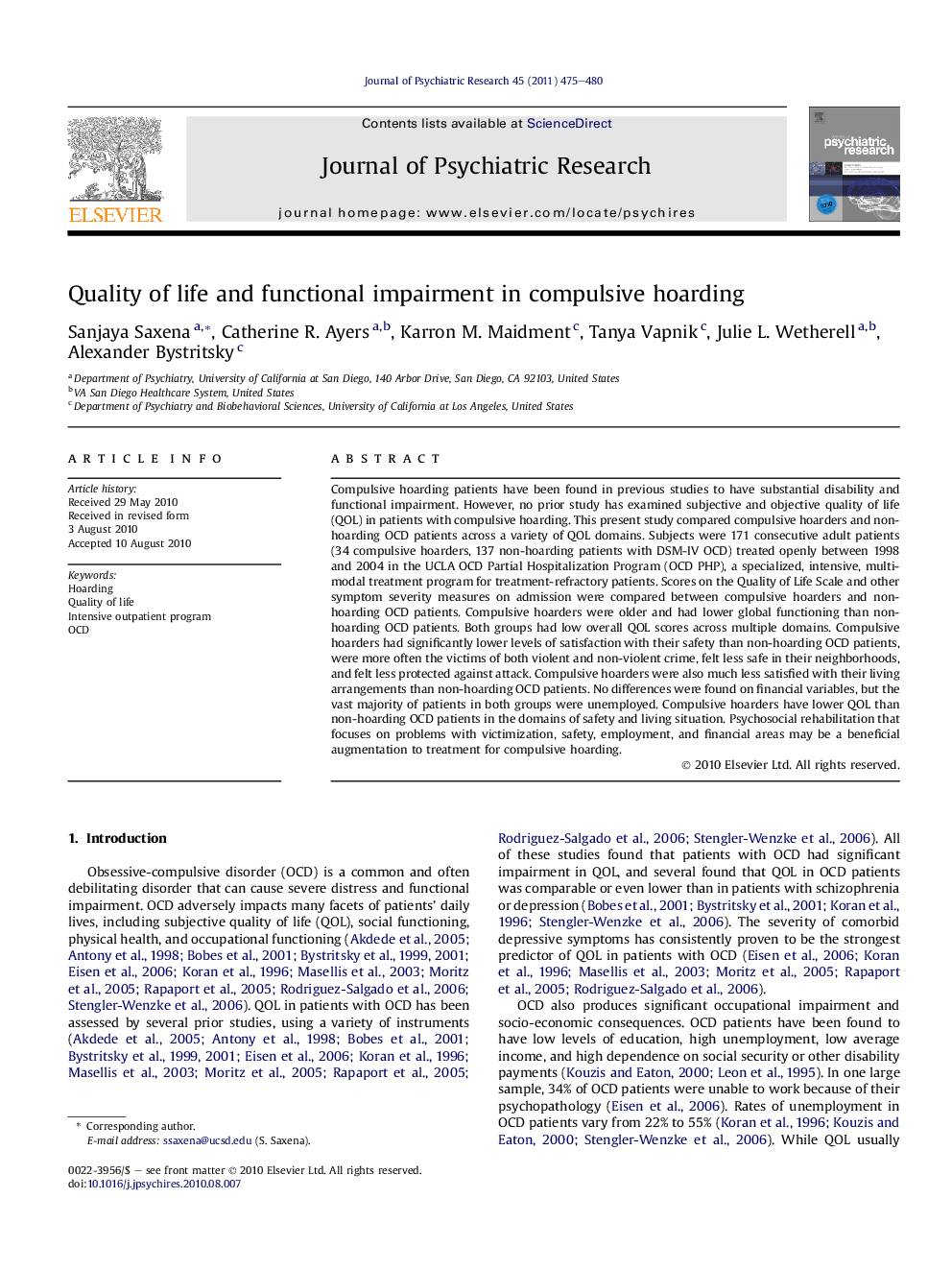 Quality of life and functional impairment in compulsive hoarding