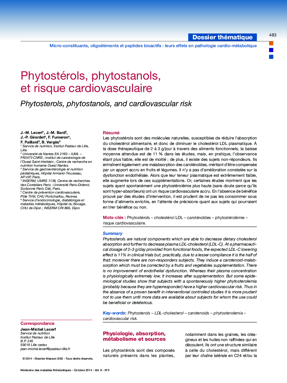 Phytostérols, phytostanols, et risque cardiovasculaire