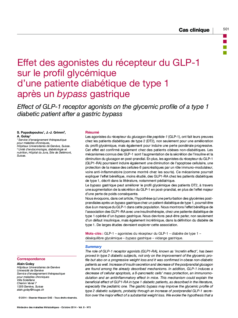Effet des agonistes du récepteur du GLP-1 sur le profil glycémique d'une patiente diabétique de type 1 aprÃ¨s un bypass gastrique
