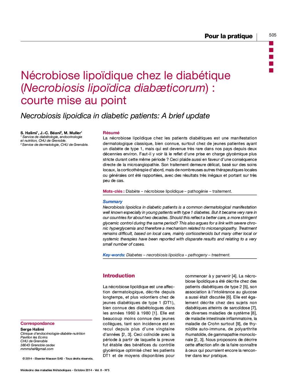 Nécrobiose lipoïdique chez le diabétique (Necrobiosis lipoïdica diabÃ¦ticorum) : courte mise au point