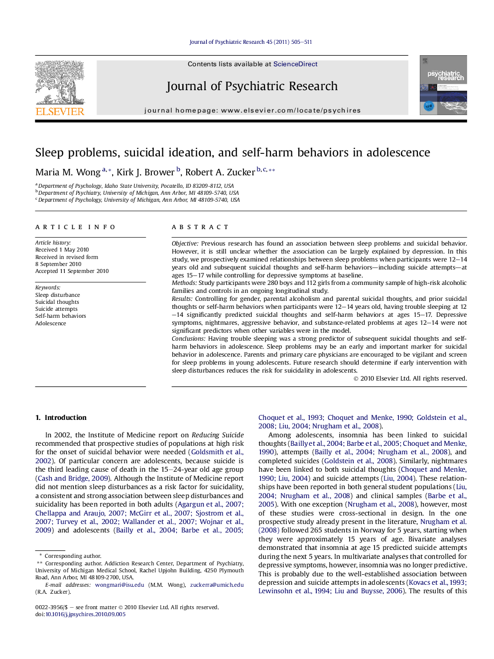 Sleep problems, suicidal ideation, and self-harm behaviors in adolescence