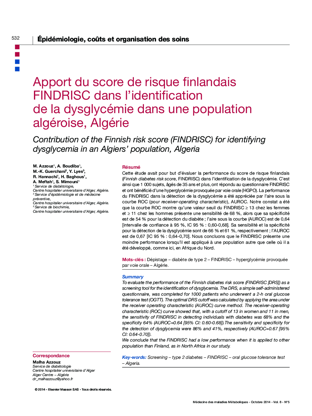 Apport du score de risque finlandais FINDRISC dans l'identification de la dysglycémie dans une population algéroise, Algérie