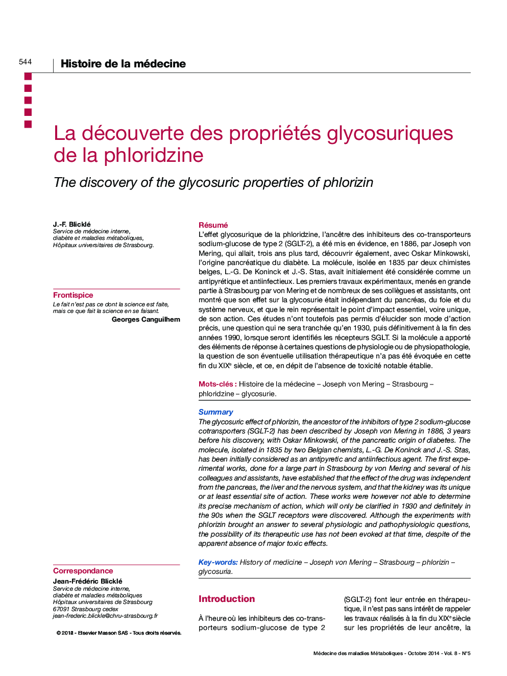 La découverte des propriétés glycosuriques de la phloridzine