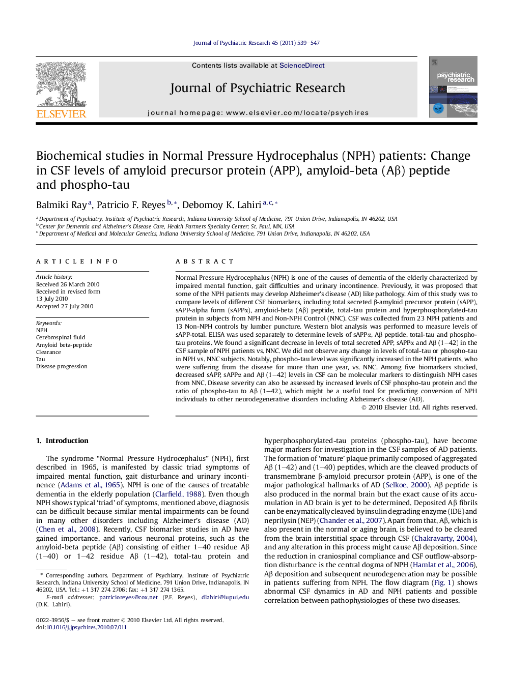 Biochemical studies in Normal Pressure Hydrocephalus (NPH) patients: Change in CSF levels of amyloid precursor protein (APP), amyloid-beta (Aβ) peptide and phospho-tau