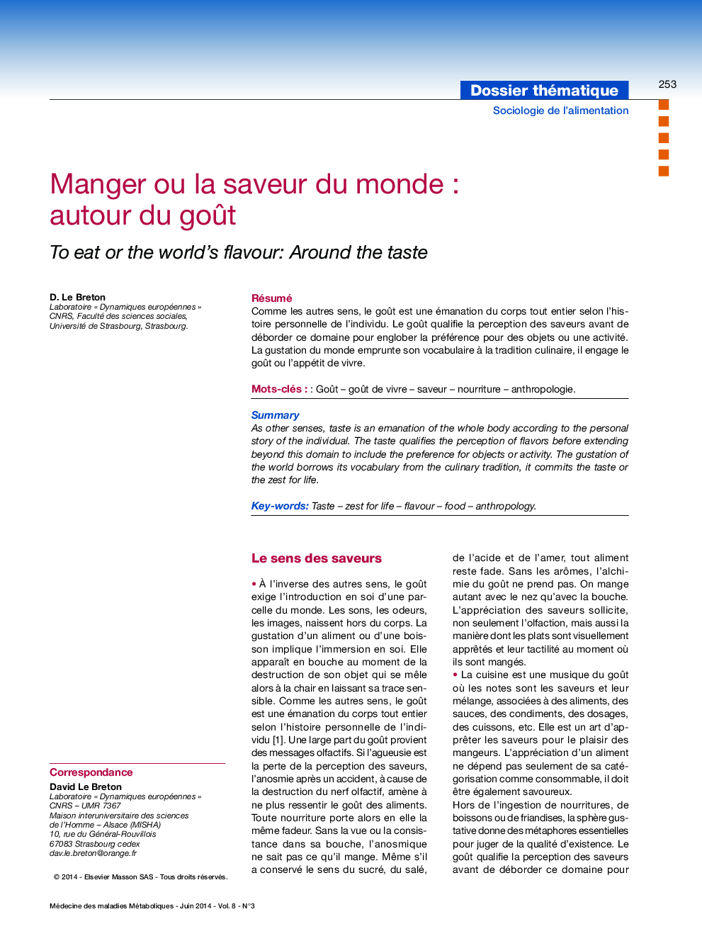 Manger ou la saveur du monde : autour du goÃ»t