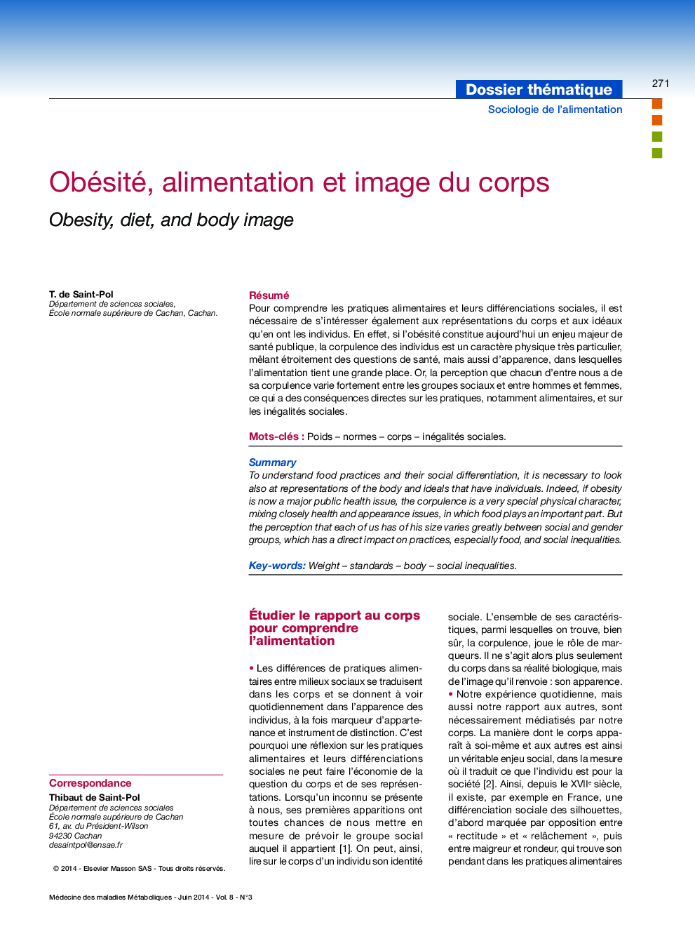 Obésité, alimentation et image du corps