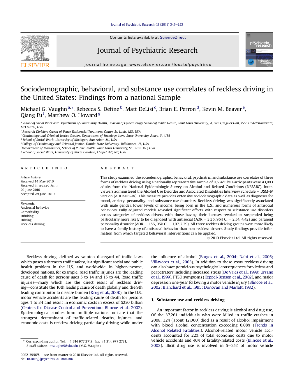 Sociodemographic, behavioral, and substance use correlates of reckless driving in the United States: Findings from a national Sample