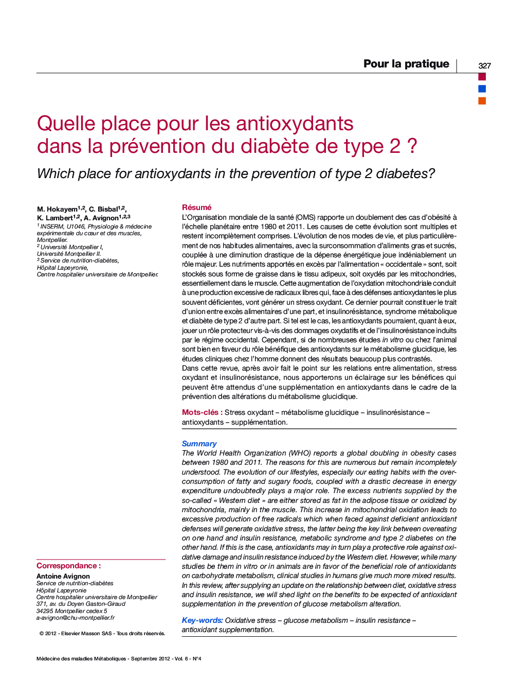 Quelle place pour les antioxydants dans la prévention du diabÃ¨te de type 2 ?