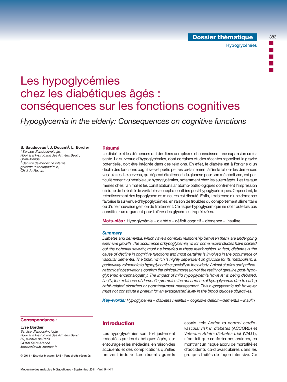 Les hypoglycémies chez les diabétiques Ã¢gésÂ : conséquences sur les fonctions cognitives