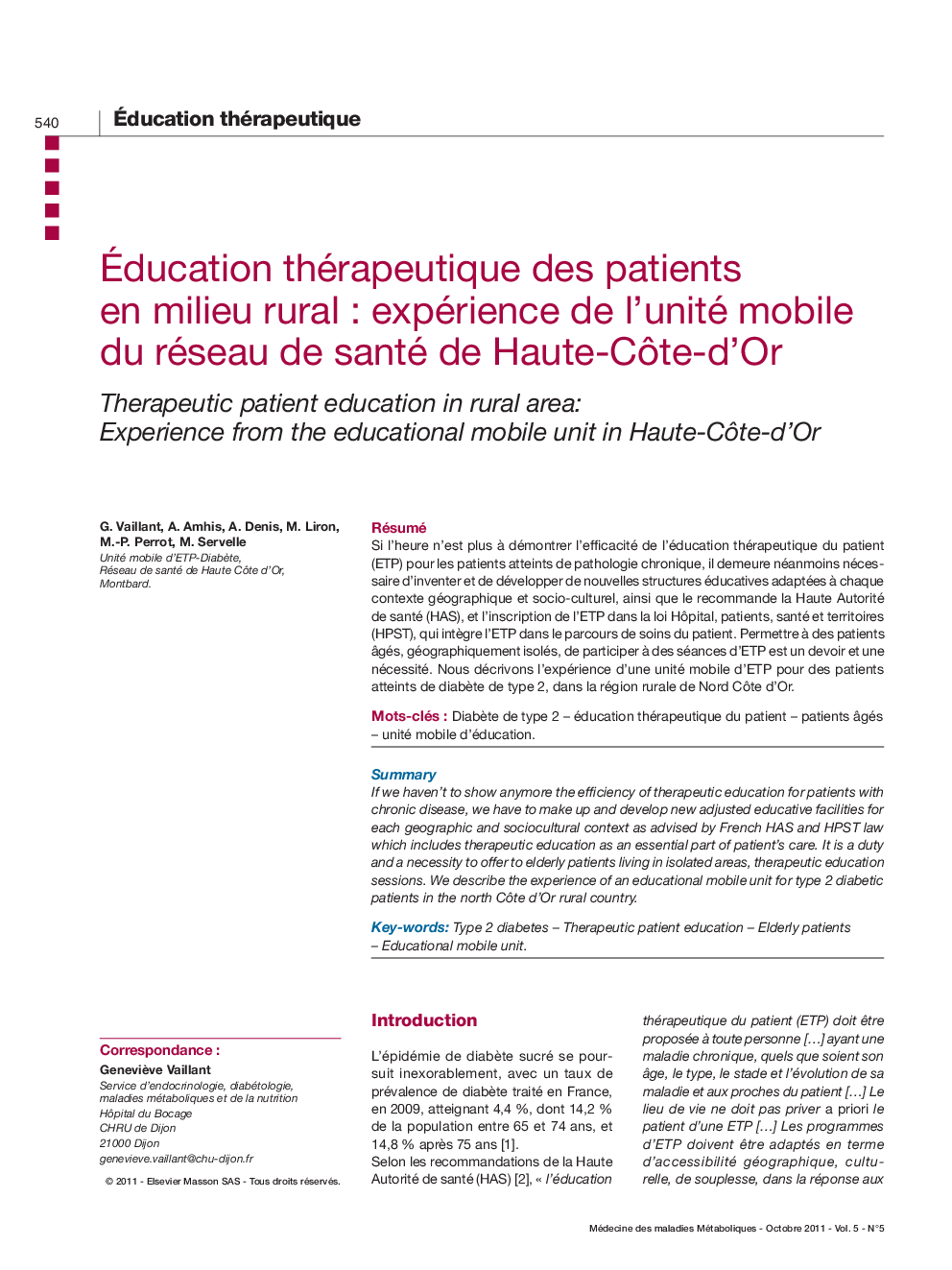 Ãducation thérapeutique des patients en milieu ruralÂ : expérience de l'unité mobile du réseau de santé de Haute-CÃ´te-d'Or