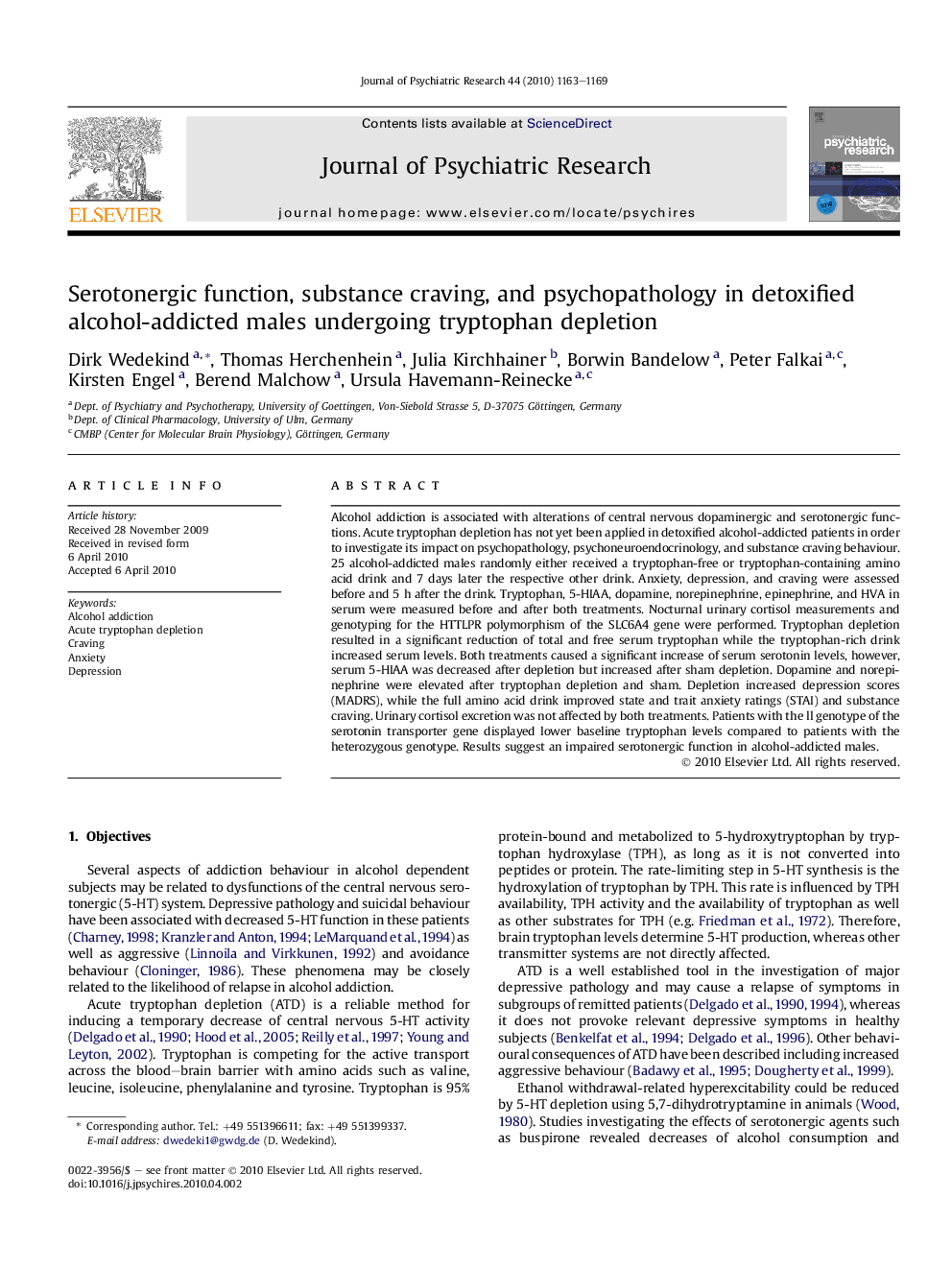 Serotonergic function, substance craving, and psychopathology in detoxified alcohol-addicted males undergoing tryptophan depletion