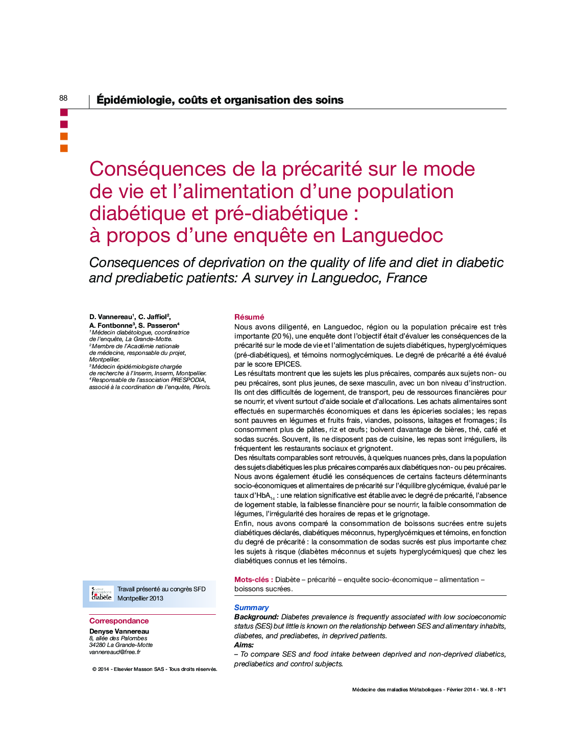 Conséquences de la précarité sur le mode de vie et l'alimentation d'une population diabétique et pré-diabétique : Ã  propos d'une enquÃªte en Languedoc