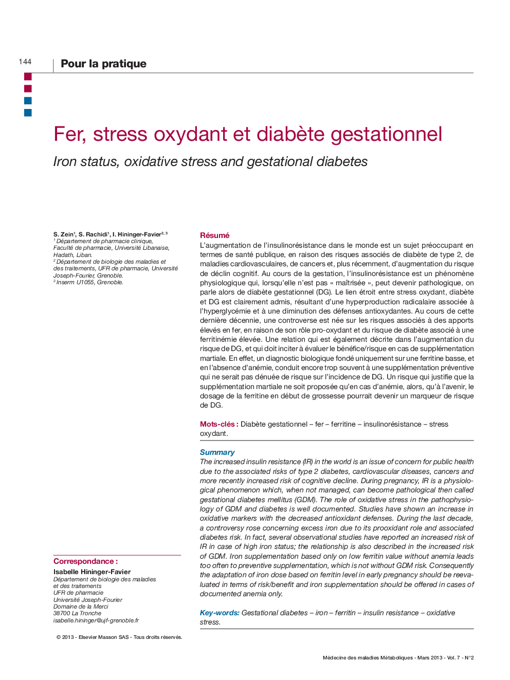 Fer, stress oxydant et diabÃ¨te gestationnel