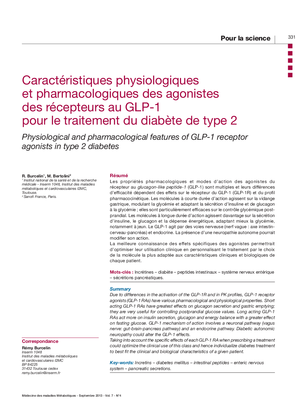 Caractéristiques physiologiques et pharmacologiques des agonistes des récepteurs au GLP-1 pour le traitement du diabÃ¨te de type 2