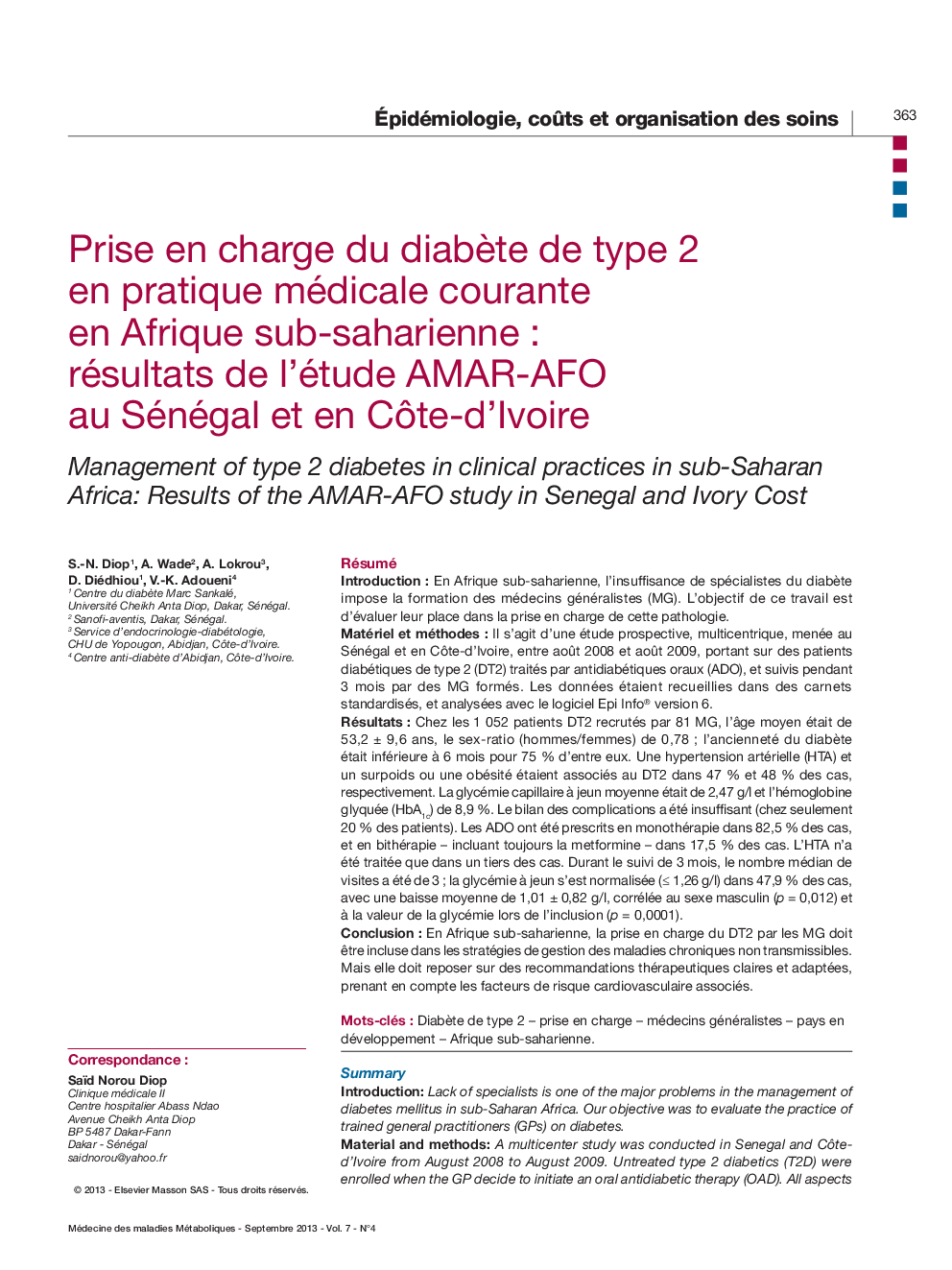 Prise en charge du diabÃ¨te de type 2 en pratique médicale courante en Afrique sub-saharienne : résultats de l'étude AMAR-AFO au Sénégal et en CÃ´te-d'lvoire