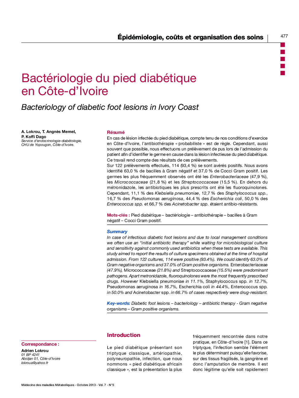 Bactériologie du pied diabétique en CÃ´te-d'Ivoire