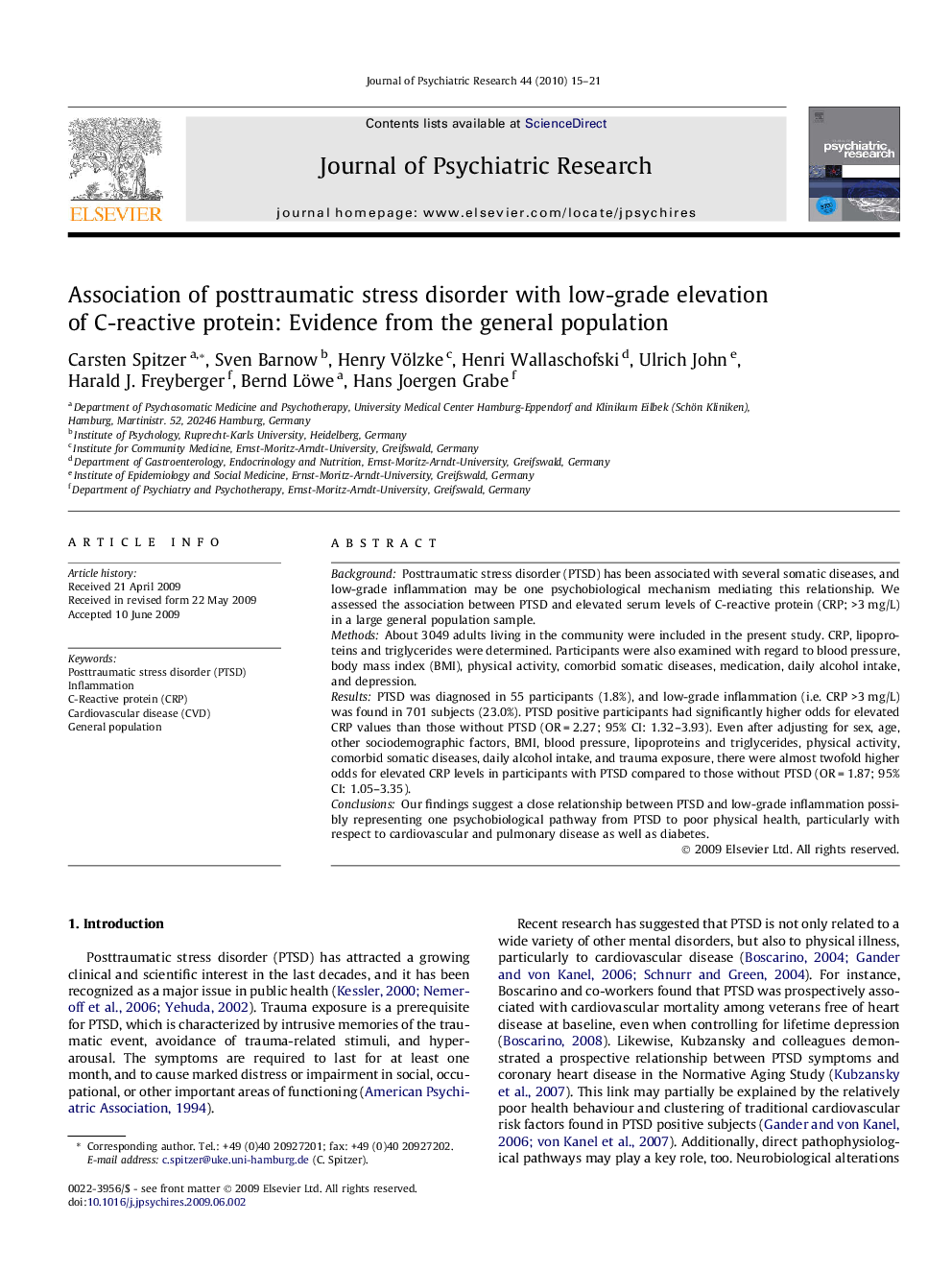 Association of posttraumatic stress disorder with low-grade elevation of C-reactive protein: Evidence from the general population